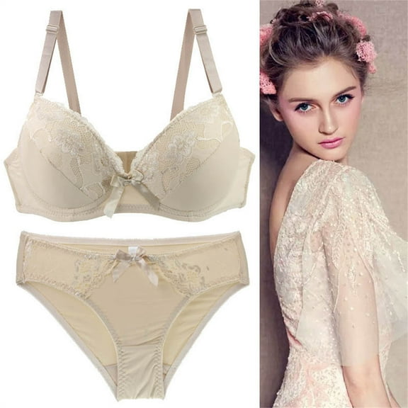 GILIGEGE Push Up Bra and Panty Sets for Women Underwear Sets for Women Full Coverage Bra Women's Underwire Lace Bras Pu Sh Up Bra and Bikini Pan Ties Sets Beige 100D