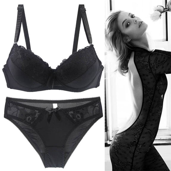 GILIGEGE Push Up Bra and Panty Sets for Women Underwear Sets for Women Full Coverage Bra Women's Underwire Lace Bras Pu Sh Up Bra and Bikini Pan Ties Sets Black 90C