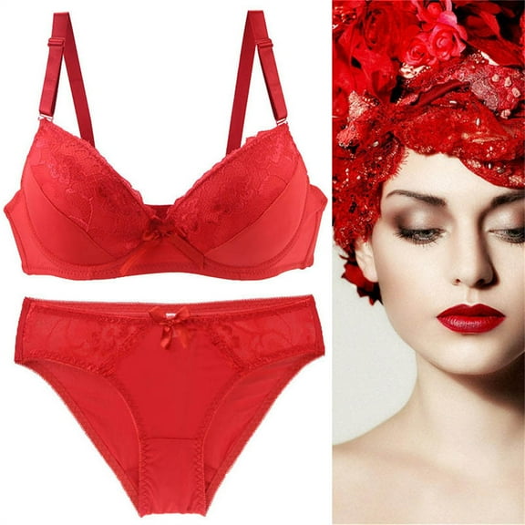 GILIGEGE Push Up Bra and Panty Sets for Women Underwear Sets for Women Full Coverage Bra Women's Underwire Lace Bras Pu Sh Up Bra and Bikini Pan Ties Sets Red 85D