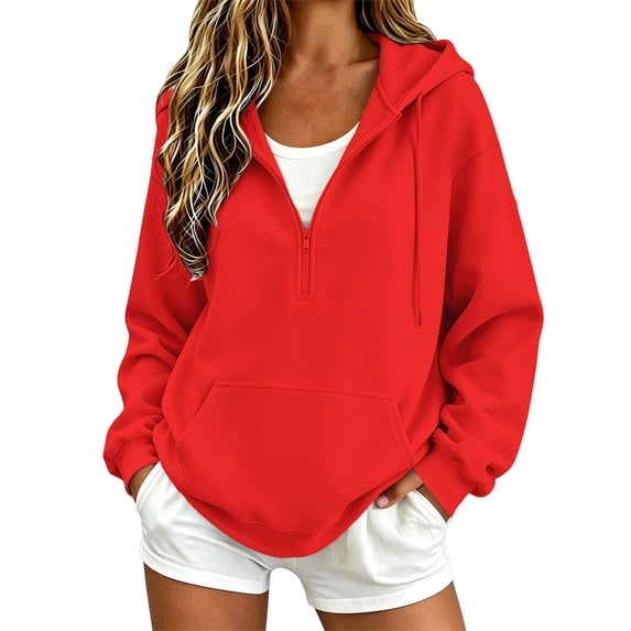 GILIGEGE Quarter Zip Sweatshirt Women Half Zipper Workout Oversized Hoodies with Pocket Casual Long Sleeve Sweatshirt Drawstring Loose Pullover Tops Solid Color Lightweight Y2K 2026 Clothes Red