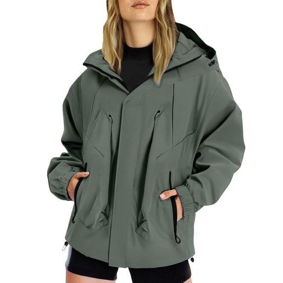 GILIGEGE Rain Jacket for Women Waterproof Lightweight Windbreaker Jacket with Hood Packable Raincoat with Pockets Loose Fit Hiking Jacket with Hood Trench Coats Blackish Green L