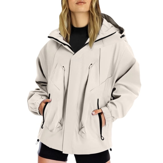 GILIGEGE Rain Jacket for Women Waterproof Lightweight Windbreaker Jacket with Hood Packable Raincoat with Pockets Loose Fit Hiking Jacket with Hood Trench Coats Khaki L