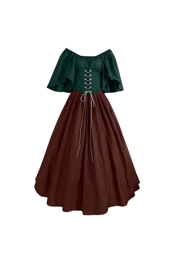 Renaissance Faire Costume for Women Irish Viking Medieval Color Block Lace Up Short Sleeve Swing Plus Size Gothic Dresses Women Fashion Gown Dress Evening Night Formal Long Dress G S