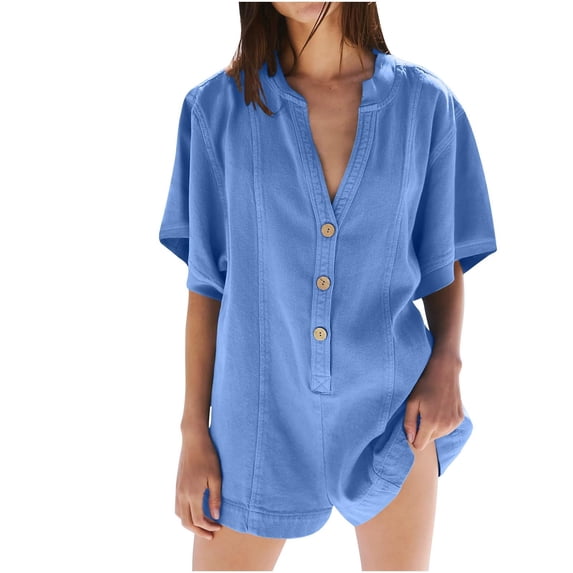 GILIGEGE Rompers for Women 2025 Summer Casual V Neck Button Down Short Sleeve Romper Overalls Shorts with Pockets Beach Vacation Outfits Short Rompers Tshirt Shorts Dressy Jumpsuits Casual Trendy