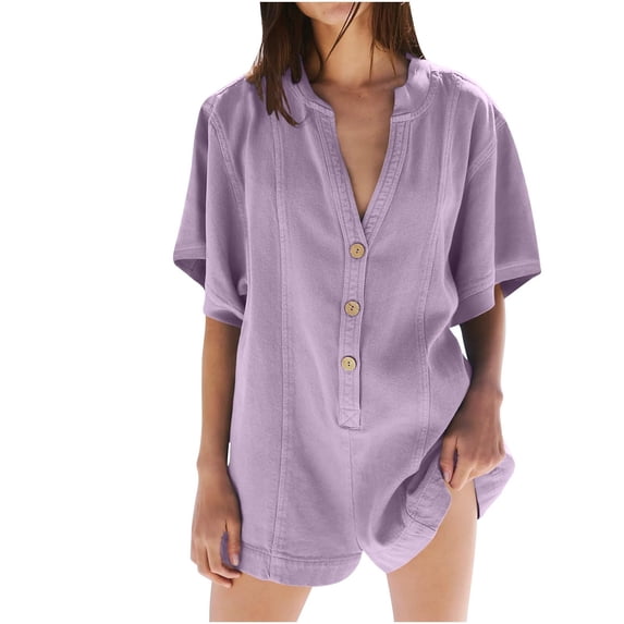 GILIGEGE Rompers for Women 2025 Summer Casual V Neck Button Down Short Sleeve Romper Overalls Shorts with Pockets Beach Vacation Outfits Short Rompers Tshirt Shorts Dressy Jumpsuits Casual Trendy