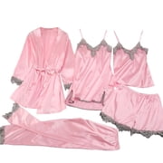 GILIGEGE Satin Pajamas for Women Set Pajama Sets for Women 4 Piece Lounge Set Women Nightwear Lace 5Pcs Pajama Womens Silky Set Sleepwear Set Pajama with 4 Set for Women Pink M