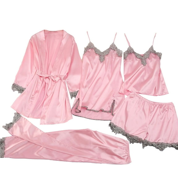 GILIGEGE Satin Pajamas for Women Set Pajama Sets for Women 4 Piece Lounge Set Women Nightwear Lace 5Pcs Pajama Womens Silky Set Sleepwear Set Pajama with 4 Set for Women Pink S
