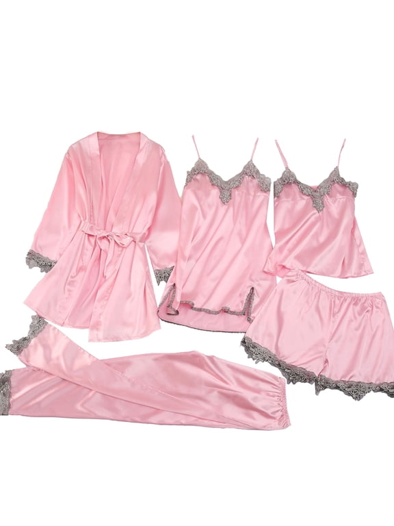 Satin Pajamas for Women Set Pajama Sets for Women 4 Piece Lounge Set Women Nightwear Lace 5Pcs Pajama Womens Silky Set Sleepwear Set Pajama with 4 Set for Women Pink S