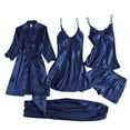 thumbnail image 1 of GILIGEGE Satin Pajamas for Women Set Pajama Sets for Women 5 Piece Lounge Set Women Ladies Satin Pajamas Set 5 Piece Pajamas Silk Like Lace Paneled Pajamas Navy Xl, 1 of 3
