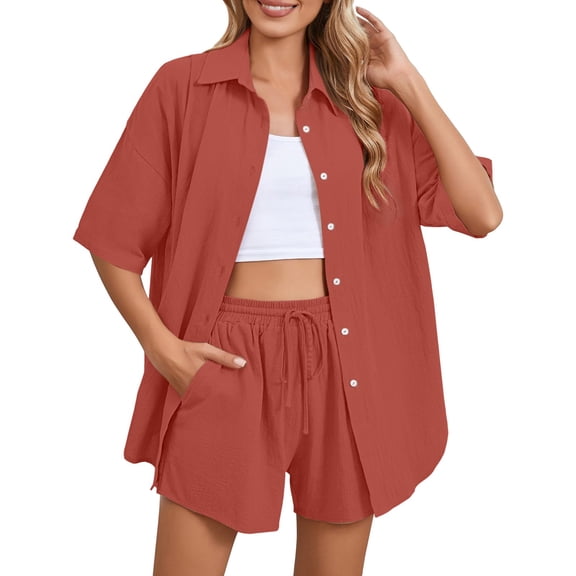 GILIGEGE Shorts Sets Women 2 Piece Outfits Summer Women 2 Piece Outfit Summer Short Sleeve Top and Shorts Sweatsuit Set Button Down Shirts and Shorts Beach Outfit Sets Rd1 S