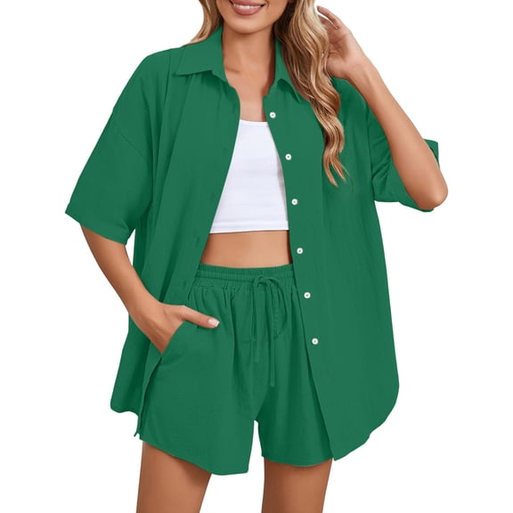 GILIGEGE Shorts Sets Women 2 Piece Outfits Summer Women 2 Piece Outfit Summer Short Sleeve Top and Shorts Sweatsuit Set Button Down Shirts and Shorts Beach Outfit Sets Gn3 L