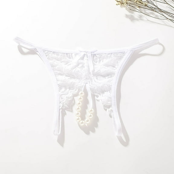 GILIGEGE No Show Panties for Women Bikini Underwear Low Rise Comfortable Briefs Seamless Breathable Soft Stretch Lace Invisible Panties Pearl Open Crotch Lace Transparent Panties White L