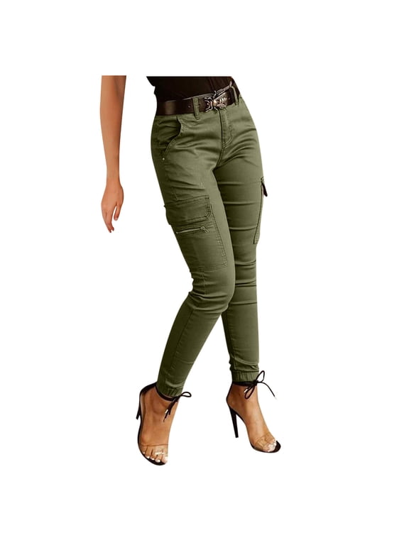 Skinny Cargo Pants for Women Mid Waist Casual Slim Fit Multi-Pocket Cargo Jogger Hiking Pants with Pockets Tactical Pants Stretchy Pull-On Waist Solid Color Slim Leg Leggings Army Green