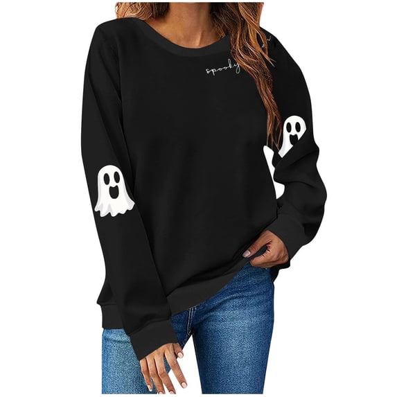 GILIGEGE Spooky Season Sweatshirts for Women,Cute Ghost Sleeve Crewneck Pullover Halloween Sweatshirt,Vintage Salem Witch Graphic Pullover,Casual Long Sleeve Tops,fall fashion must haves Black 3XL