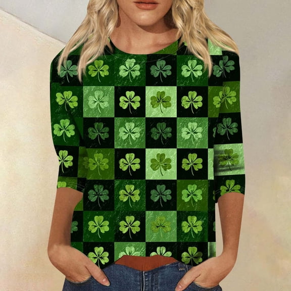 GILIGEGE St Patricks Day Shirt Women 3/4 Sleeve Tshirts Shamrock Print Shirts Crew Neck Green Clover T-Shirts Funny Cute Saints Tops Saint Patrick's Tunic Tops 3/4 Length Sleeve Women Tops