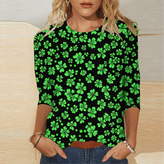 GILIGEGE St Patricks Day Shirt Women Crew Neck 3/4 Sleeve Tshirts Shamrock Print Shirts Green Clover T-Shirts 3/4 Length Sleeve Women Tops Irish Clover Tshirts Basic Tees Blouses Business Work Top