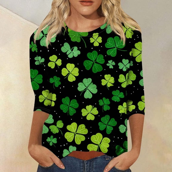 GILIGEGE St Patricks Day Shirt Women Crew Neck Loose Fit Shirts Funny Cute Saints Tops 3/4 Sleeve Tshirts Saint Patrick's Tunic Tops Women Trendy Casual Tee Tops 3/4 Length Sleeve Women Tops