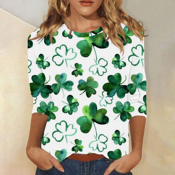 GILIGEGE St Patricks Day Shirt Women Shamrock Print Shirts Funny Cute Saints Tops Loose Fit Shirts 3/4 Length Sleeve Women Tops Irish Clover Tshirts Saint Patrick's Tunic Tops Women Trendy