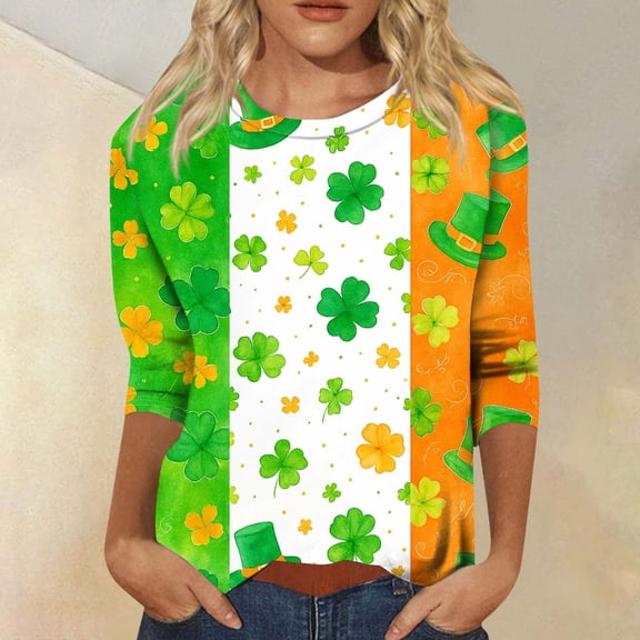 GILIGEGE St Patricks Day Shirt Women Shamrock Print Shirts Irish Clover Tshirts Cozy Pullover 3/4 Length Sleeve Women Tops Plus Size Tops for Women Saint Patrick's Tunic Tops Crew Neck Summer Shirt
