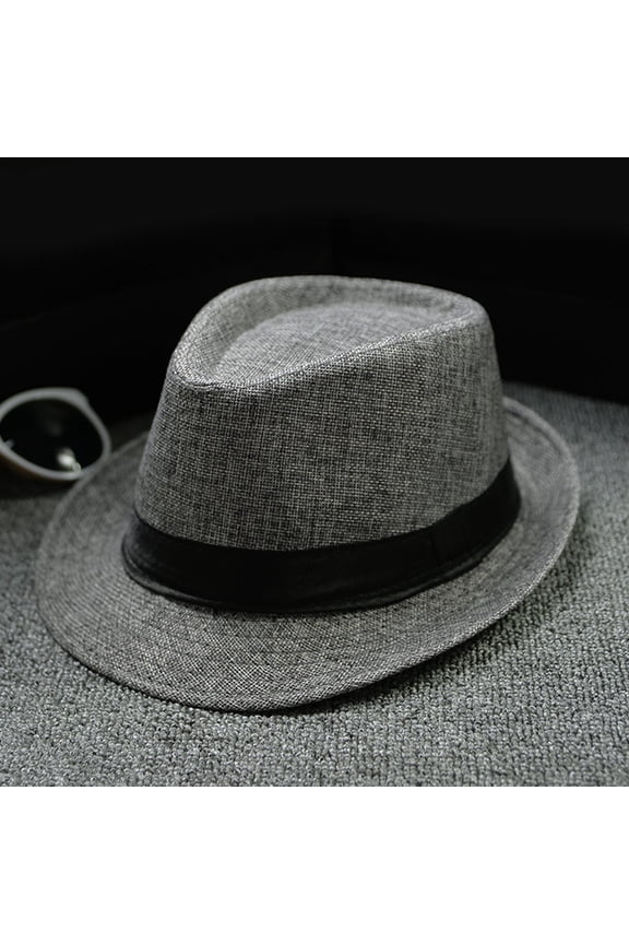 Straw Trilby Fedora Hat for Men Women,Unisex Classic 1920s Felt Panama Hat ,Short Brim Summer Cap with Ribbon,Casual Jazz Cap,Striped Print British Sun Hat,Beach Sun Cap with Band Dark Gray