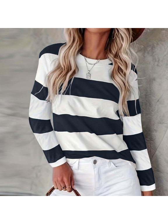 Striped Fall Sweatshirt for Women,Long Sleeve Crew Neck Shirts,Slim Fit Basic Tee,Causal Pullover tee Shirt,Color Block Printed T-Shirt,2026 Trendy Comfortable Office & Casual Wear Black