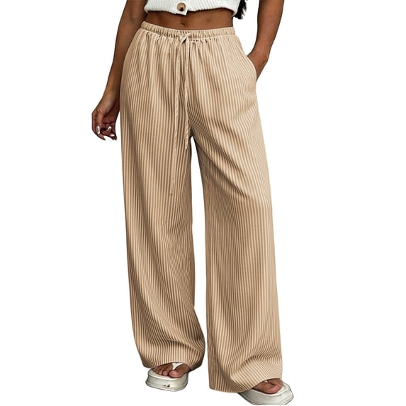 GILIGEGE Striped Gingham Pants Women,2026 Summer Fall Pajamas,High Waisted Lounge Palazzo Pant,Wide Leg Pj Lounge Boxer Bottoms,Y2k Boho Trousers with Pocket,Drawstring Elastic Waist Slacks Khaki