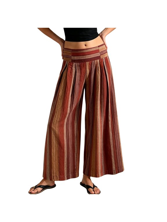 Striped Linen Wide Leg Harem Pants for Women,Causal Palazzo Trousers Low Waist Boho Flowy Baggy Elastic Smocked Waist Beach Pants Summer Loose Beach Travel Vacation Pants Red XL