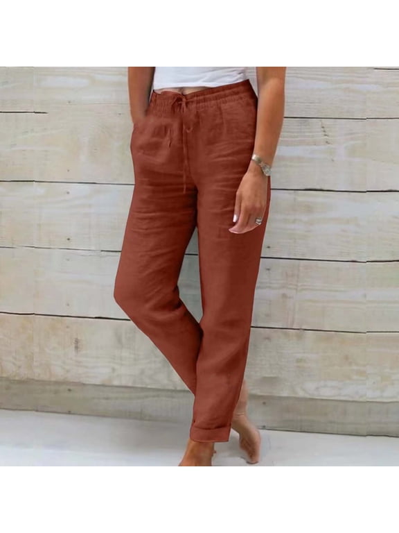 Summer Linen Pants for Women Office Dress Work Slacks Cropped Summer Capris Pants Solid Color Slacks Lounge Baggy Trousers Summer Beachwear Lightweight Pants Palazzo Pants Tapered Pant Red M