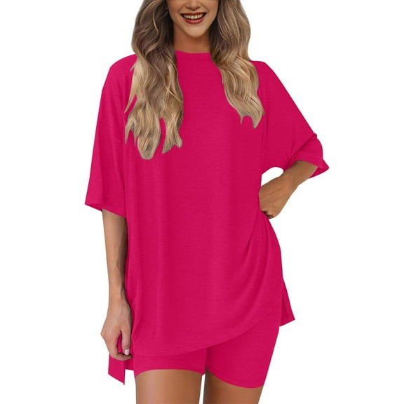 GILIGEGE Summer Sets Women 2 Piece Outfits Women's Two Piece Set 2025 Summer Casual Oversized Shirts Biker Shorts Matching Travel Outfit Matching Summer Lounge Sets Hot Pink M