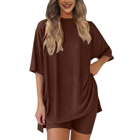 GILIGEGE Summer Sets Women 2 Piece Outfits Women's Two Piece Set 2025 Summer Casual Oversized Shirts Biker Shorts Matching Travel Outfit Matching Summer Lounge Sets Brown 4Xl