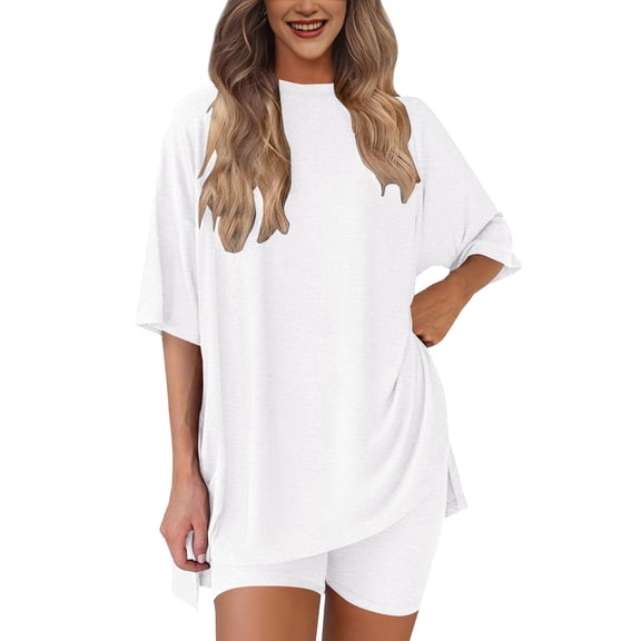 GILIGEGE Summer Sets Women 2 Piece Outfits Women's Two Piece Set 2025 Summer Casual Oversized Shirts Biker Shorts Matching Travel Outfit Matching Summer Lounge Sets White L