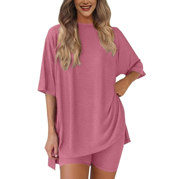 GILIGEGE Summer Sets Women 2 Piece Outfits Women's Two Piece Set 2025 Summer Casual Oversized Shirts Biker Shorts Matching Travel Outfit Matching Summer Lounge Sets Pink M