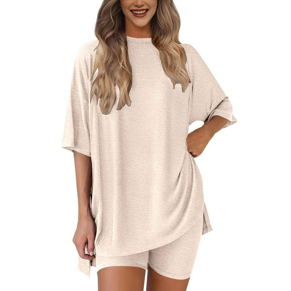 GILIGEGE Summer Sets Women 2 Piece Outfits Women's Two Piece Set 2025 Summer Casual Oversized Shirts Biker Shorts Matching Travel Outfit Matching Summer Lounge Sets Beige L