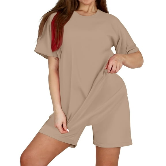 GILIGEGE Summer Sets Women 2 Piece Outfits Women's Two Piece Set 2025 Summer Casual Oversized Shirts Biker Shorts Matching Travel Outfit Summer Lounge Sets Khaki Xxl