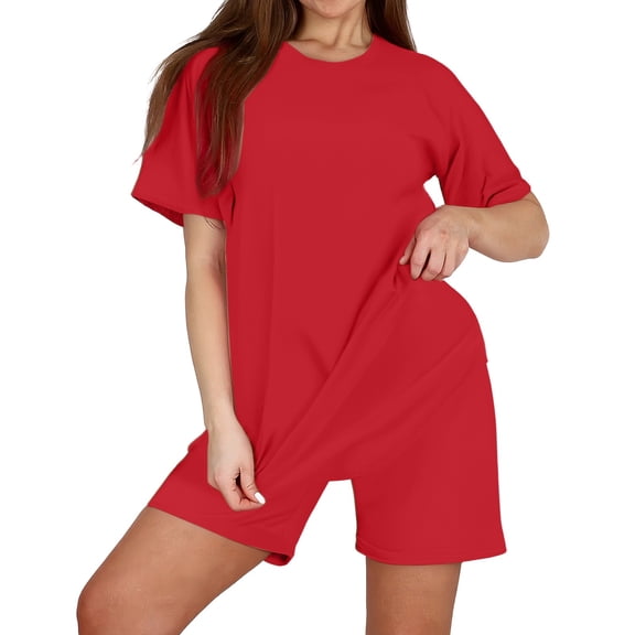 GILIGEGE Summer Sets Women 2 Piece Outfits Women's Two Piece Set 2025 Summer Casual Oversized Shirts Biker Shorts Matching Travel Outfit Summer Lounge Sets Red Xs