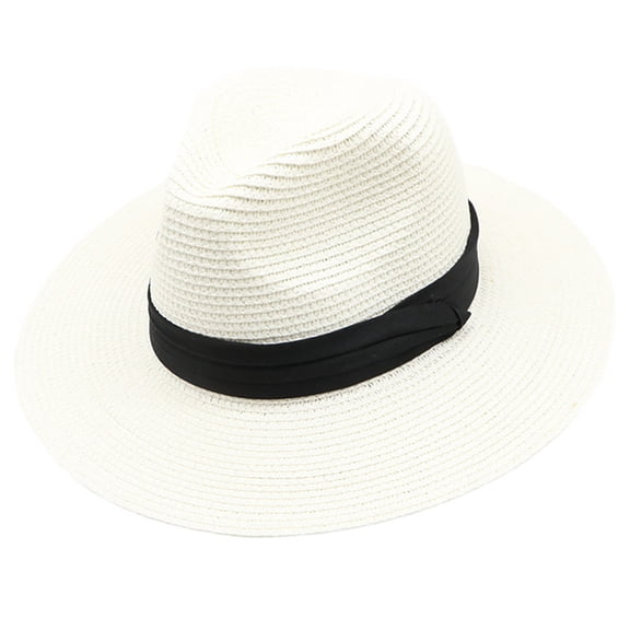 GILIGEGE Summer Wide Brim Straw Fedora Hat for Women, Roll Up Portable Sun Hat, Classic Felt Hat Decorated with Black Band, UV Protective Headwear, for Beach Vacation, Outdoor Activities White