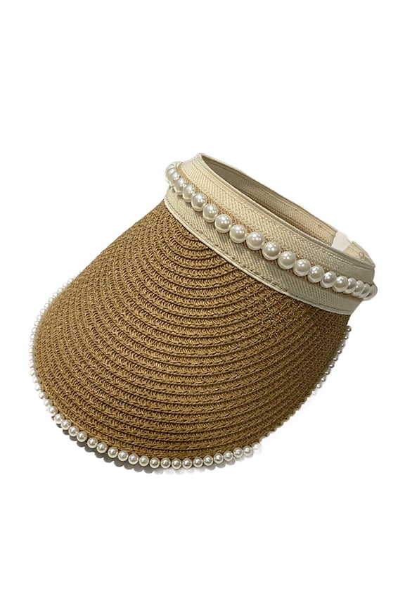 Sun Hats for Women Wide Brim Roll-Up Beach Ponytail Hat Packable Foldable Travel Straw Visor Women's Visor Beach Hat Packable Hat Summer Sun Hat with Decoration Pearl Khaki M