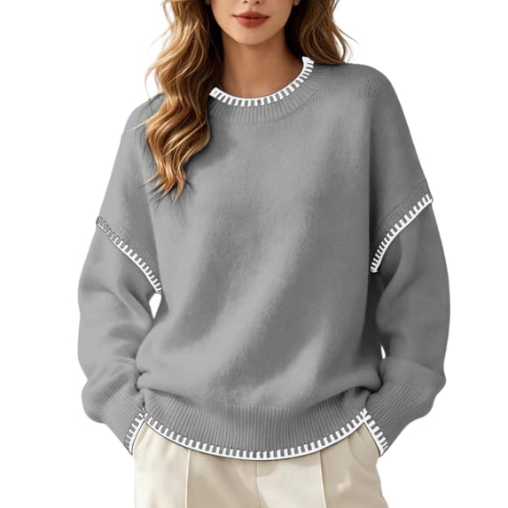 GILIGEGE Sweaters for Women Contrast Stitch Crew Neck Knit Sweater,Long Sleeve Drop Shoulder Loose Fit Pullover Jumper Soft Warm Casual Knitwear Top for Fall Winter Daily Wear Grey L