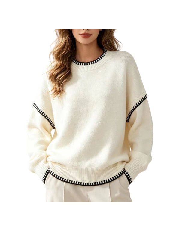 Sweaters for Women Contrast Stitch Crew Neck Knit Sweater,Long Sleeve Drop Shoulder Loose Fit Pullover Jumper Soft Warm Casual Knitwear Top for Fall Winter Daily Wear Beige L