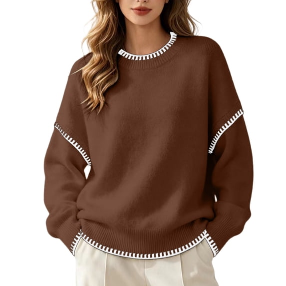 GILIGEGE Sweaters for Women Contrast Stitch Crew Neck Knit Sweater,Long Sleeve Drop Shoulder Loose Fit Pullover Jumper Soft Warm Casual Knitwear Top for Fall Winter Daily Wear Coffee M
