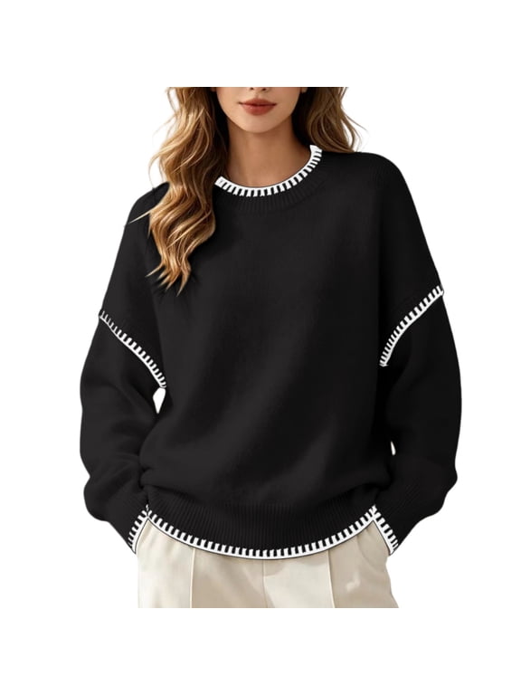 Sweaters for Women Contrast Stitch Crew Neck Knit Sweater,Long Sleeve Drop Shoulder Loose Fit Pullover Jumper Soft Warm Casual Knitwear Top for Fall Winter Daily Wear Black S