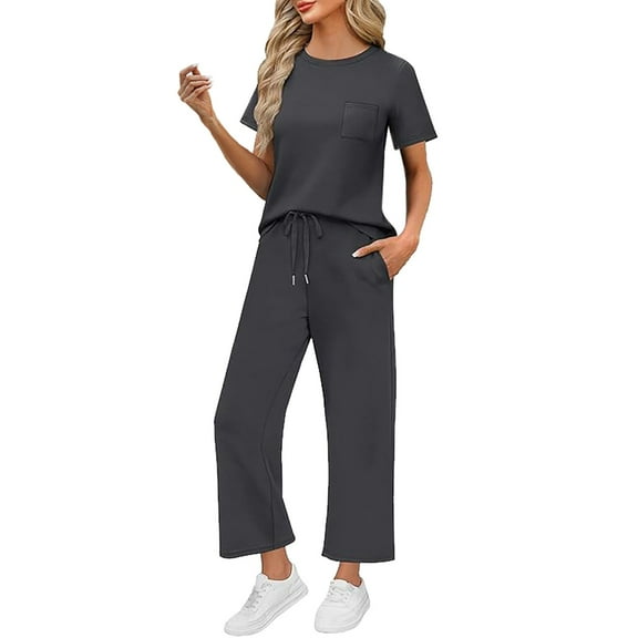 GILIGEGE Two Piece Sets for Women Summer 2 Piece Sets for Women Casual Summer Travel Vacation Outfits Short Sleeve Wide Leg Crop Pants Sets Dark Grey Xxl