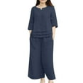 thumbnail image 1 of GILIGEGE Two Piece Sets for Women Summer Cotton Linen Set for Women 2 Piece Casual Outfits Short Sleeve Notched Neck Tops and Wide Leg Pants Sets Blue 5Xl, 1 of 5