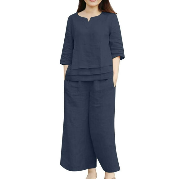 GILIGEGE Two Piece Sets for Women Summer Cotton Linen Set for Women 2 Piece Casual Outfits Short Sleeve Notched Neck Tops and Wide Leg Pants Sets Blue M