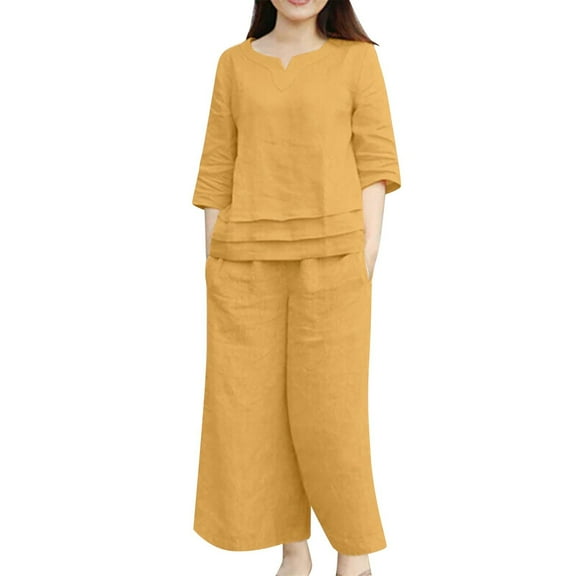GILIGEGE Two Piece Sets for Women Summer Cotton Linen Set for Women 2 Piece Casual Outfits Short Sleeve Notched Neck Tops and Wide Leg Pants Sets Yellow S