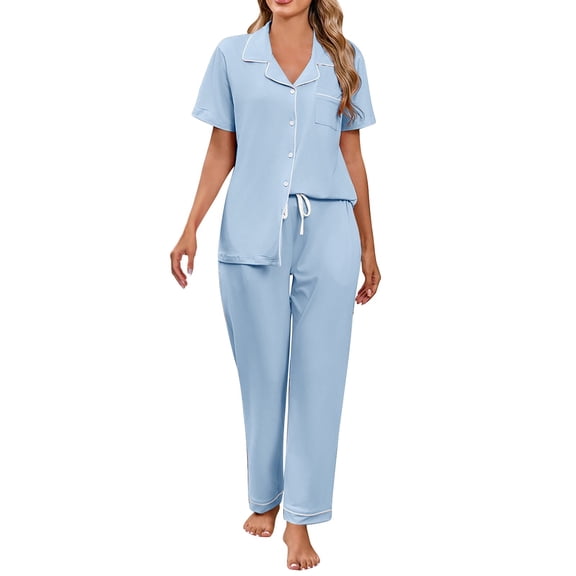 GILIGEGE Two Piece Sets for Women Summer Cotton Pajamas for Women Set Button Down Cotton Pants with Pockets 2 Piece Notch Collar Sets Sleepwear Set Summer Soft Casual Lounge Sets Light Blue S