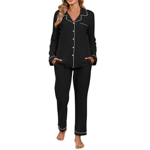 GILIGEGE Two Piece Sets for Women Summer Cotton Pajamas for Women Set Button Down Cotton Pants with Pockets 2 Piece Notch Collar Sets Sleepwear Set Summer Soft Casual Lounge Sets Black L