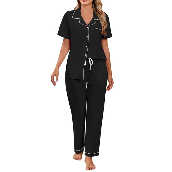 GILIGEGE Two Piece Sets for Women Summer Cotton Pajamas for Women Set Button Down Cotton Pants with Pockets 2 Piece Notch Collar Sets Sleepwear Set Summer Soft Casual Lounge Sets Black Xl