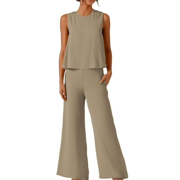 GILIGEGE Two Piece Sets for Women Summer Solid Color Elegant Two Piece Round Neck Vest and Wide Leg Pants Suit for Women Summer Beach Vacation Outfits Lounge Tracksuits Khaki Xl