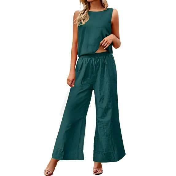 GILIGEGE Two Piece Sets for Women Summer Women Linen Set Casual 2 Piece Outfits Matching Set Summer Solid Color Sleeveless Crop Top Wide Leg Pants Suits Mint Green Xxl
